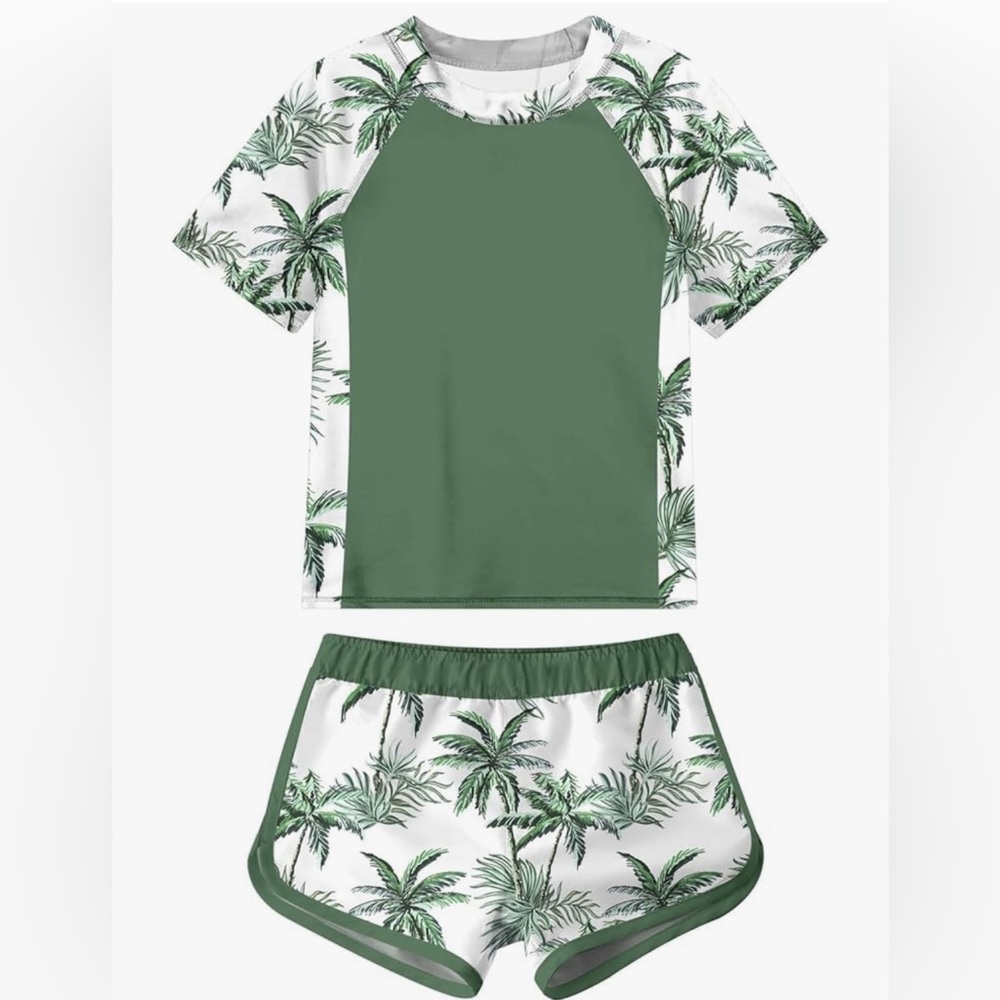 Adukide Girls Rash guard Swimsuit Green and White Palm Tree